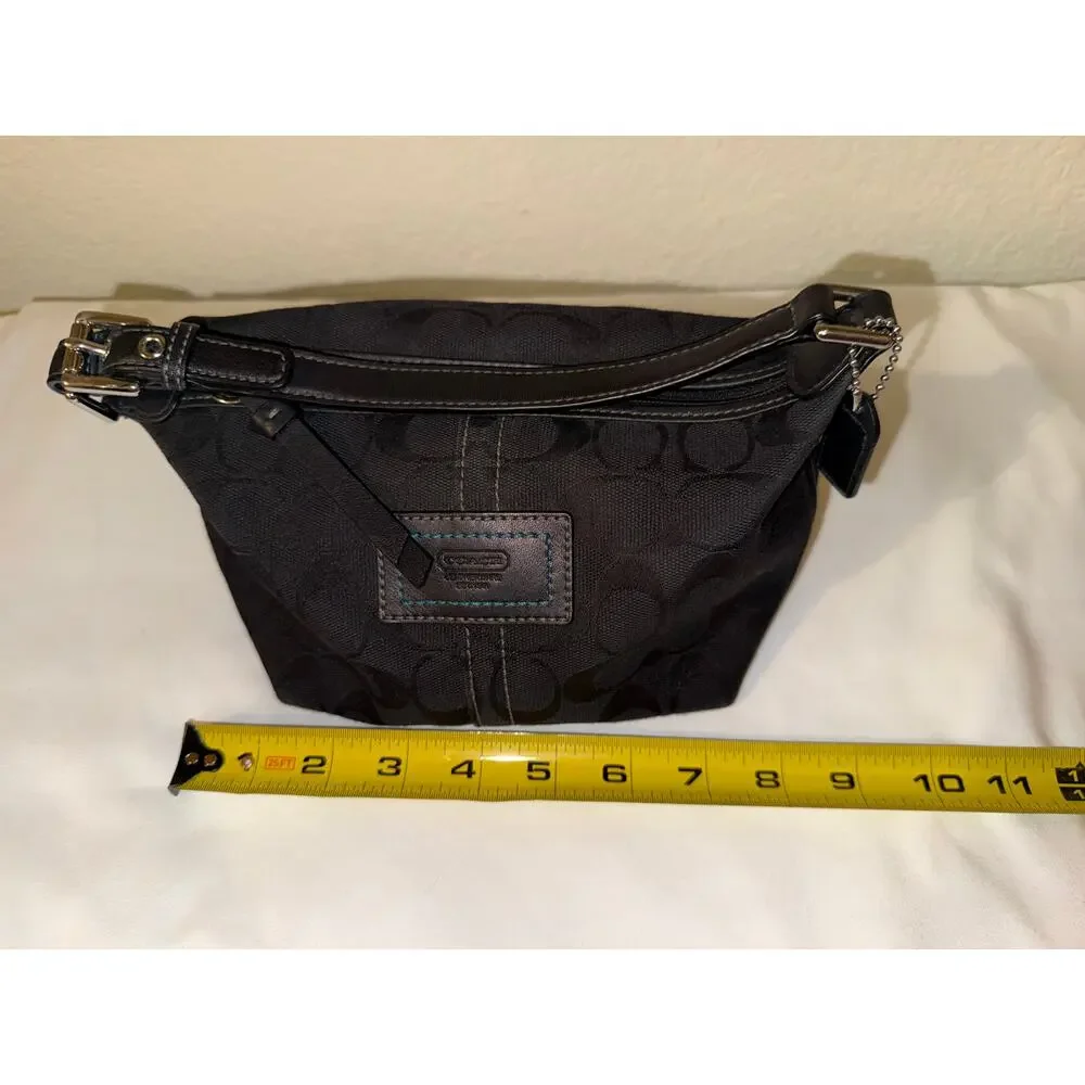 COACH Vintage Black Signature Carly Mini Hobo Baguette Blue Stitch Accent